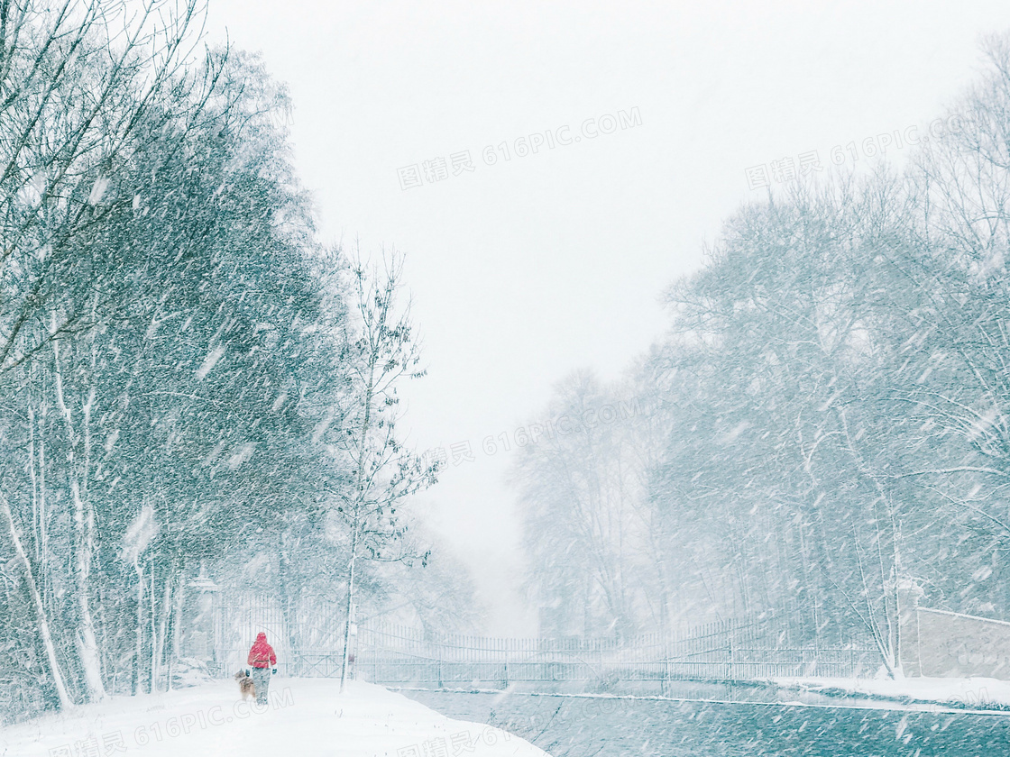 人与狗狗雪中风景画