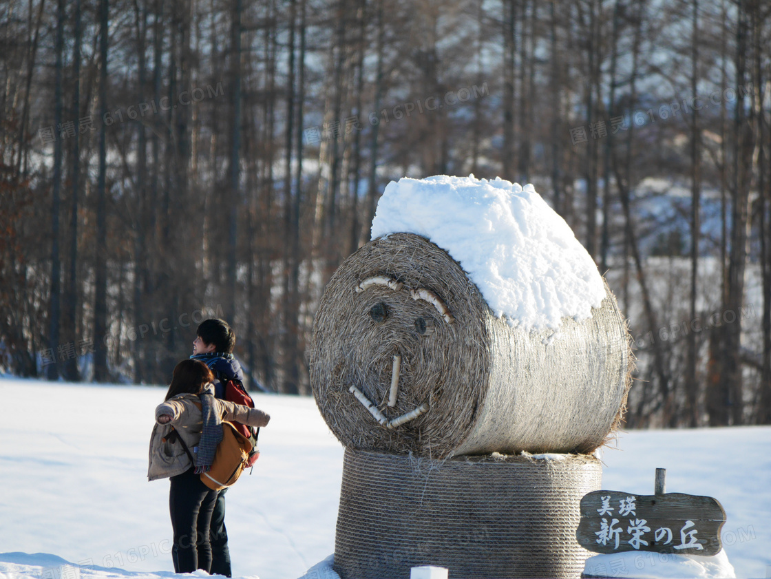 雪地上的草垛图片