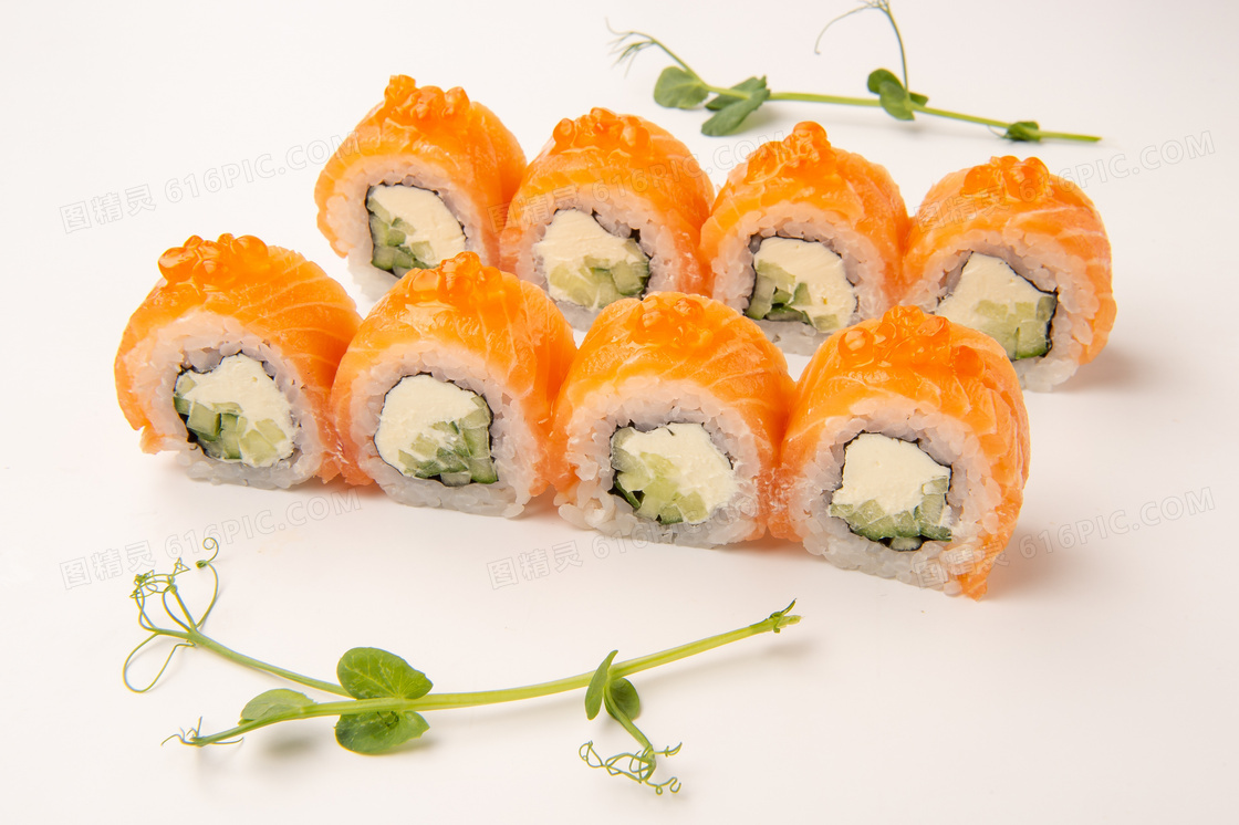 口感丰富的三文鱼寿司摄影高清图片