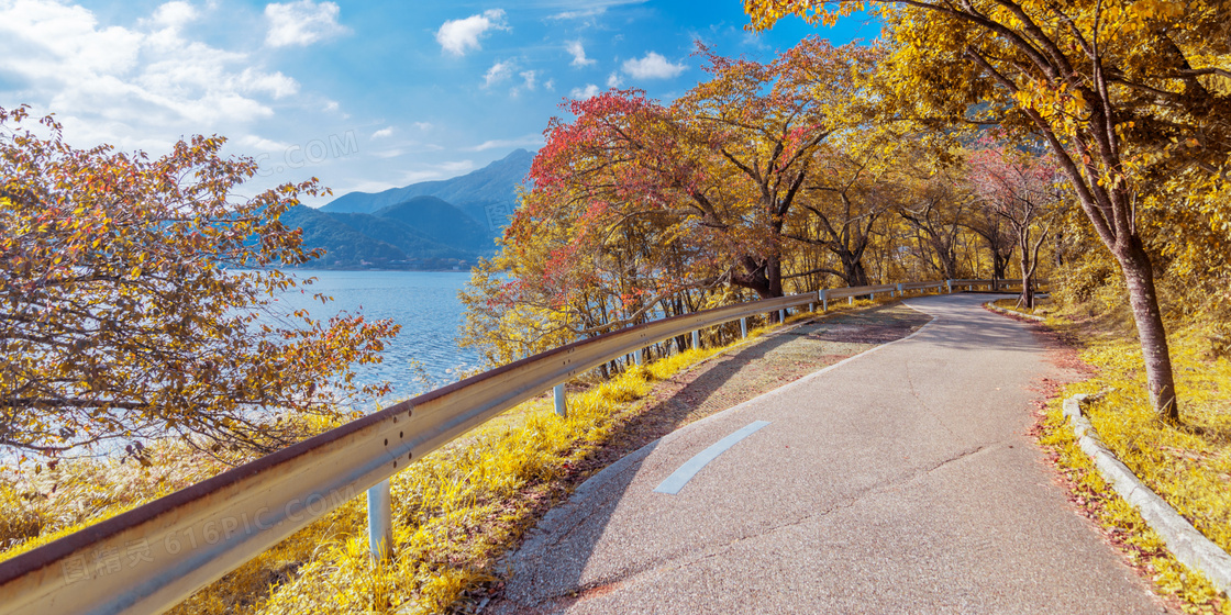 湖光山色道路树木风光摄影高清图片