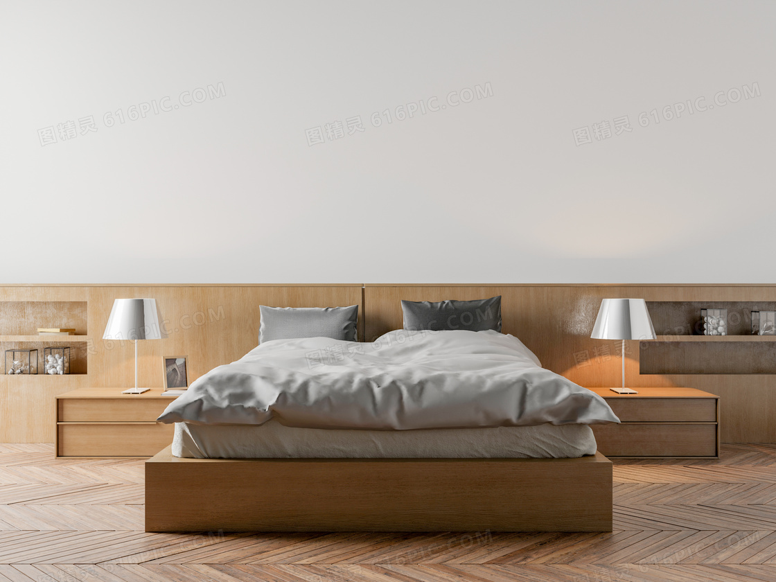 卧室房间床头台灯与双人床渲染图片