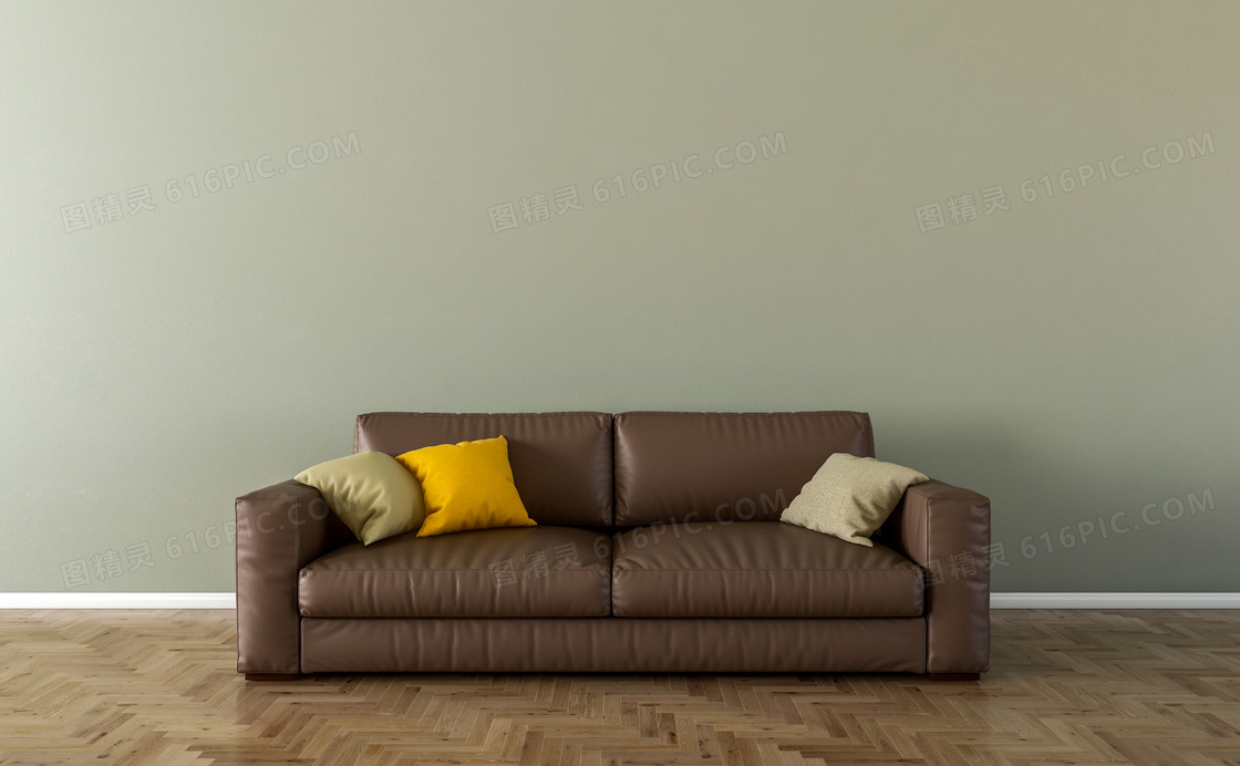 房间枕头与棕色的沙发渲染效果图片