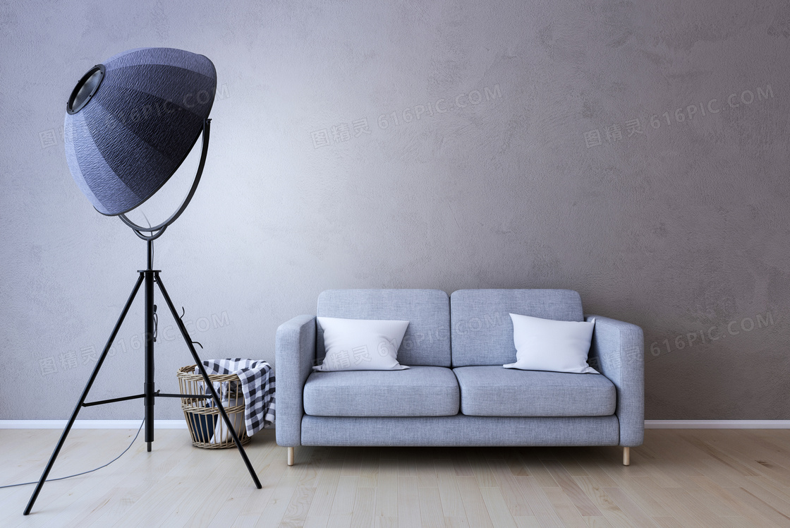 灯具沙发与脏衣篓渲染效果高清图片