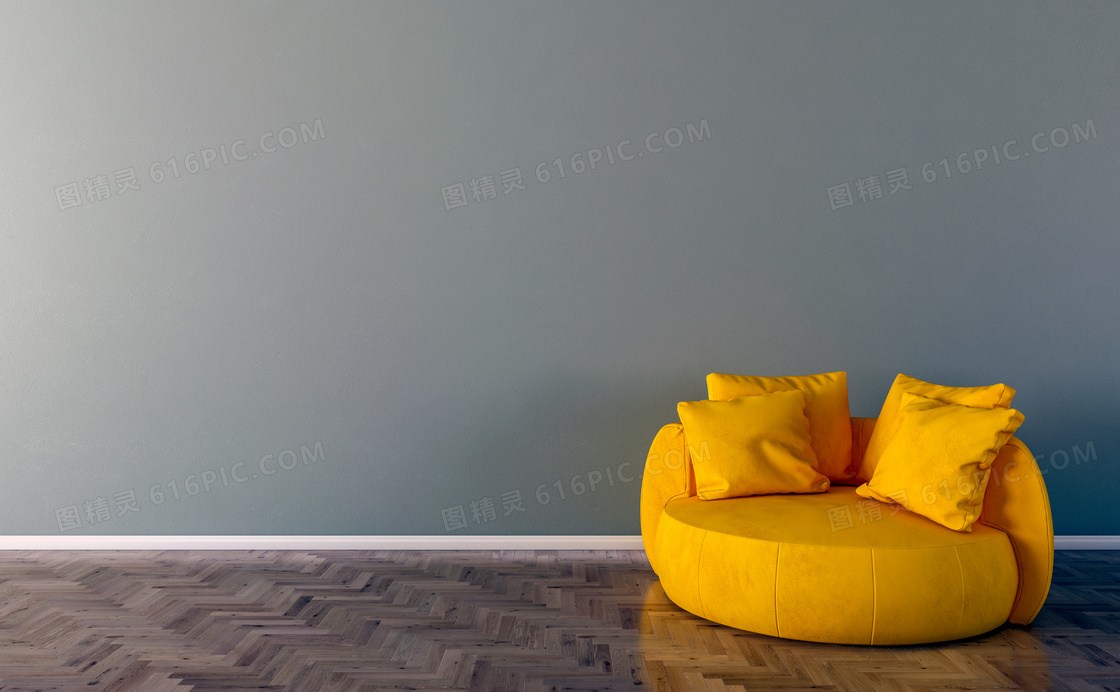 枕头与圆形的沙发渲染效果高清图片