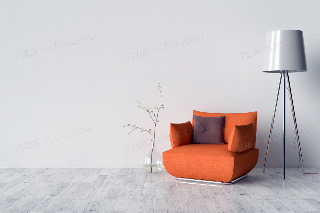 落地灯与橙色沙发渲染效果高清图片