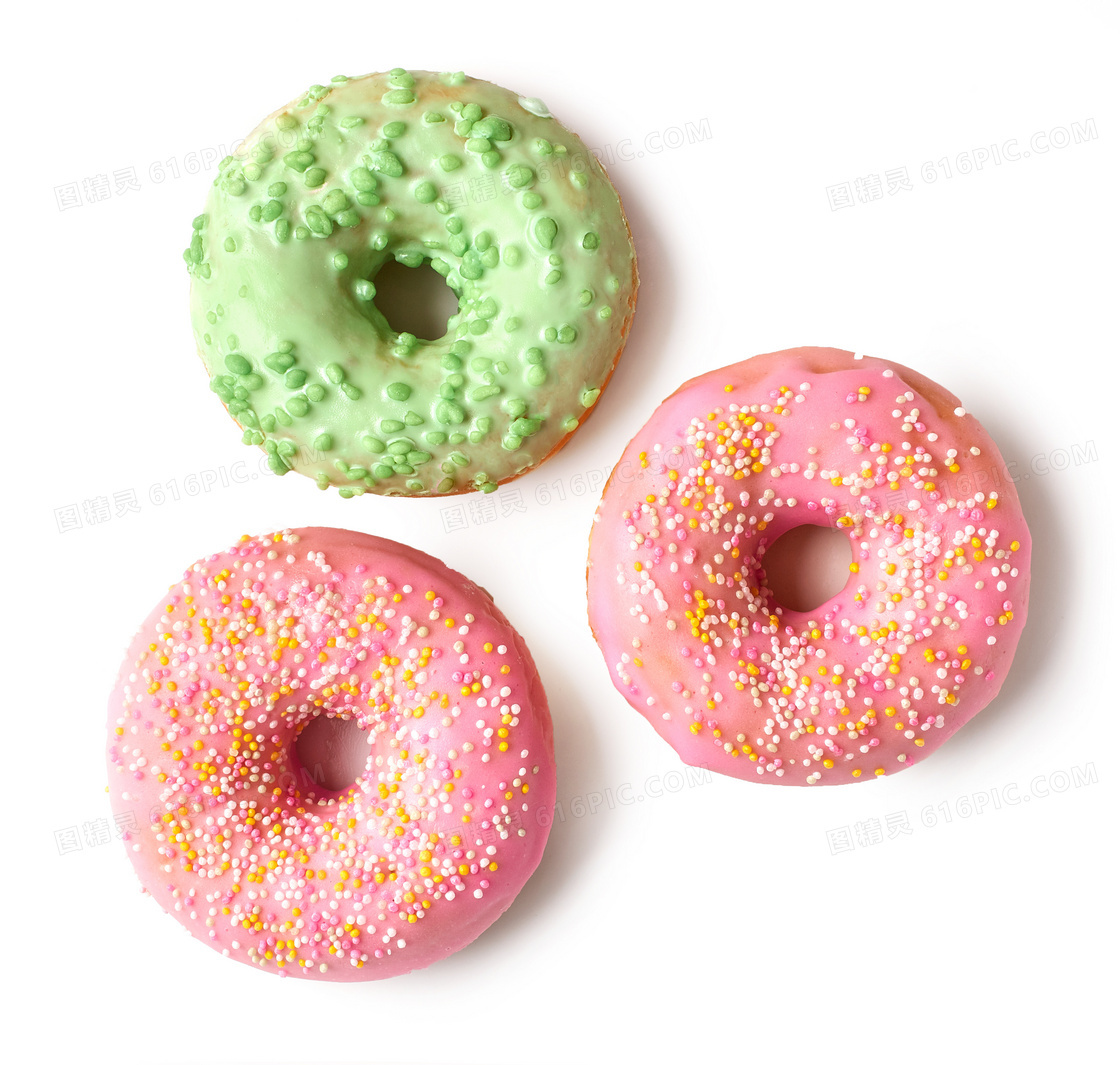 三个鲜艳的甜甜圈特写摄影高清图片