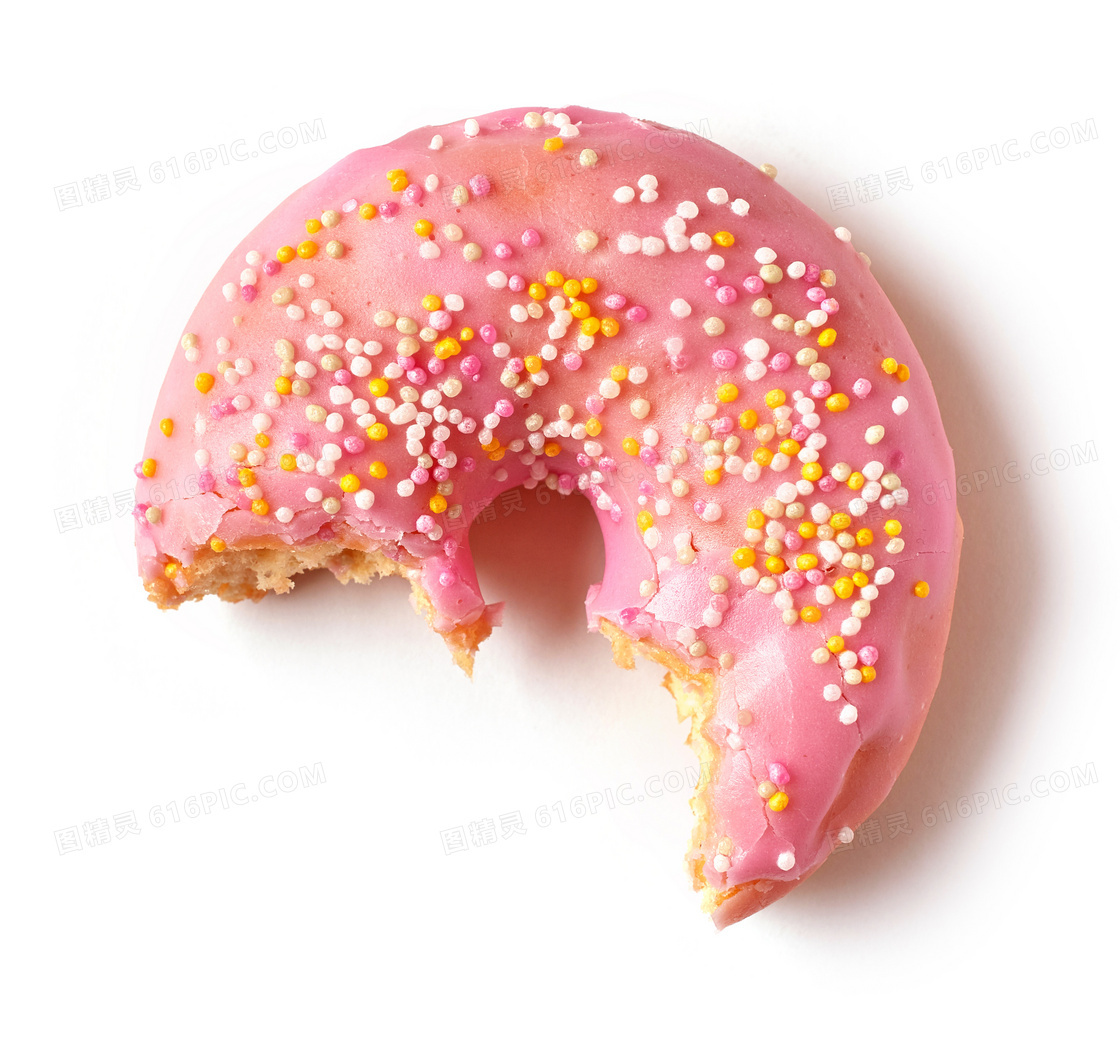 咬了一口的粉色甜甜圈摄影高清图片