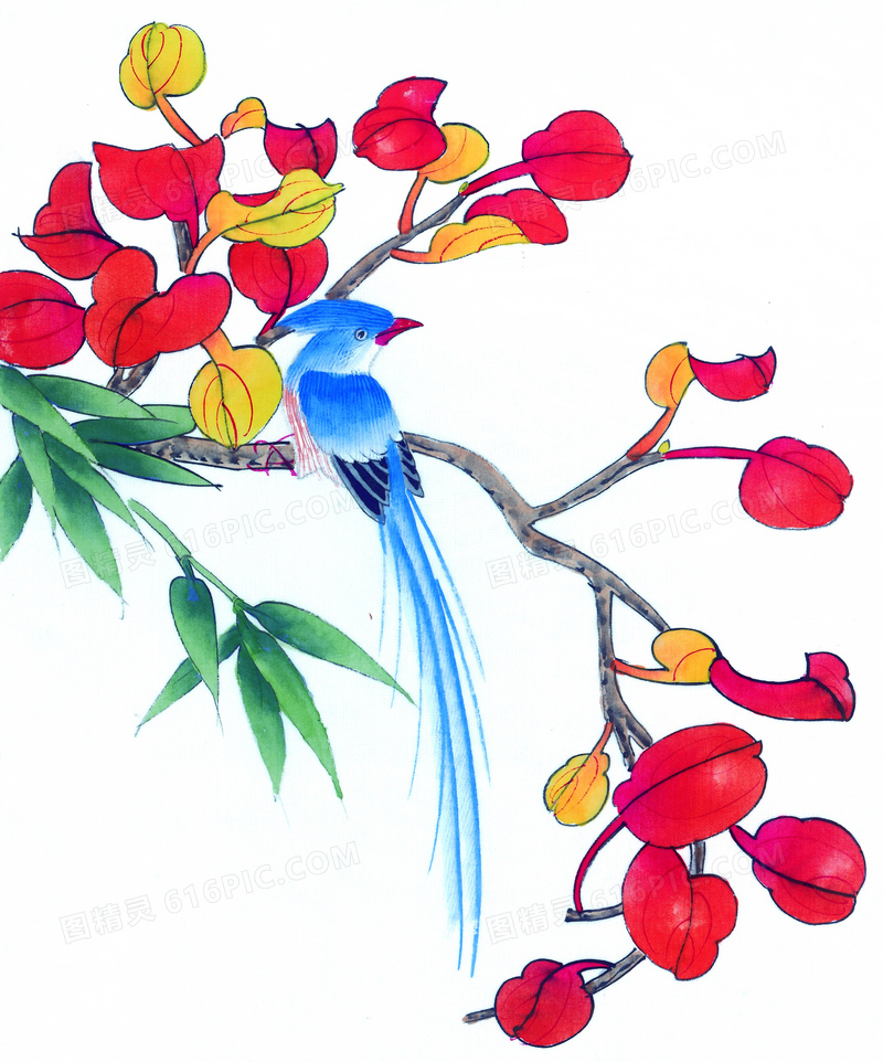 树枝上的红叶蓝鸟绘画创意高清图片