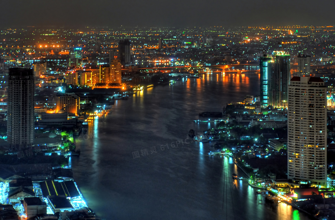 河两岸的繁华城市夜景摄影高清图片