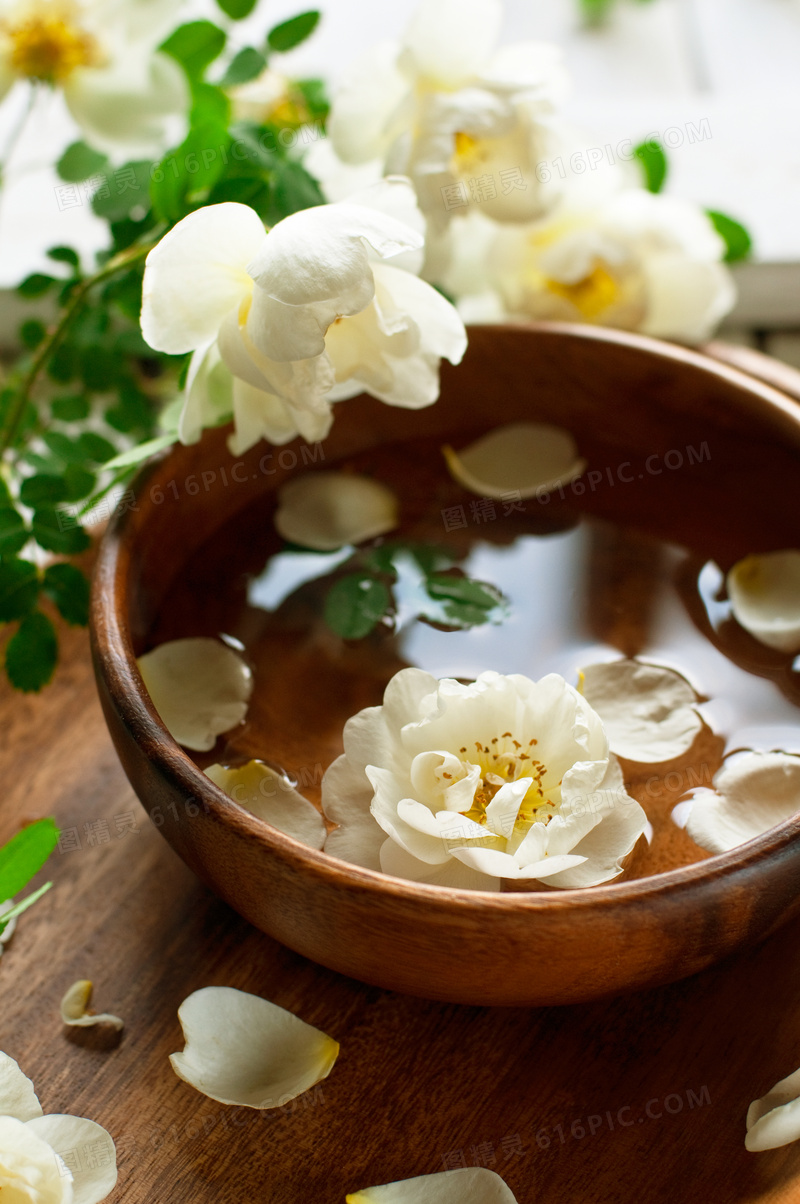 落在木碗里的白色花瓣摄影高清图片
