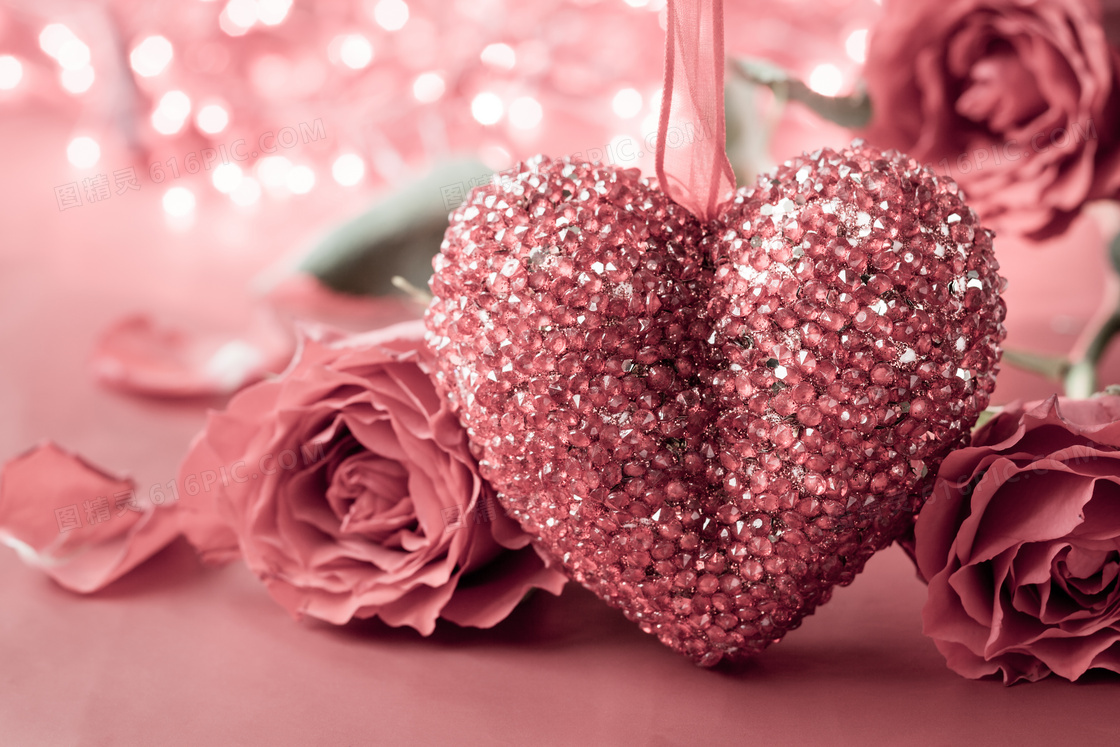 粉色的玫瑰花与装饰品摄影高清图片