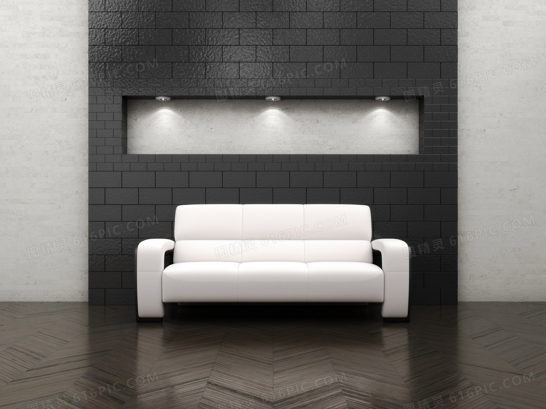 黑色墙面前的白色沙发渲染高清图片