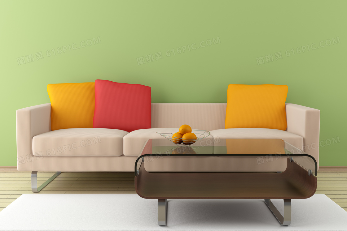 沙发抱枕与茶几等渲染效果高清图片