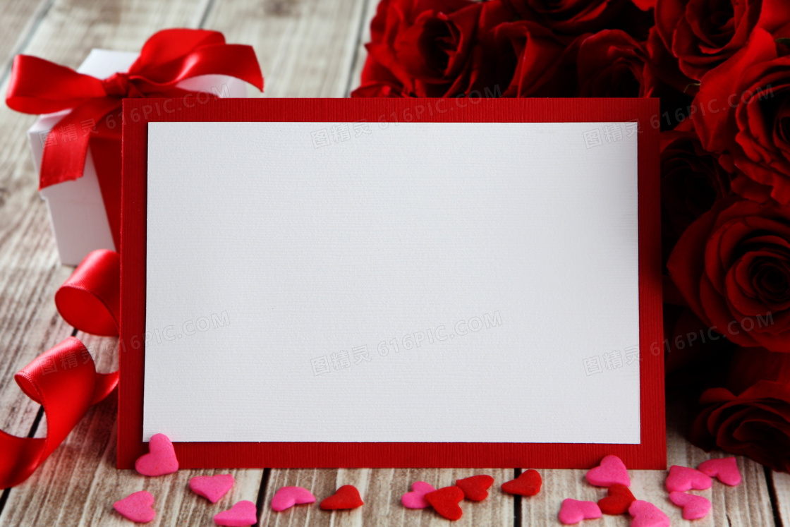 红玫瑰花与情人节卡片摄影高清图片