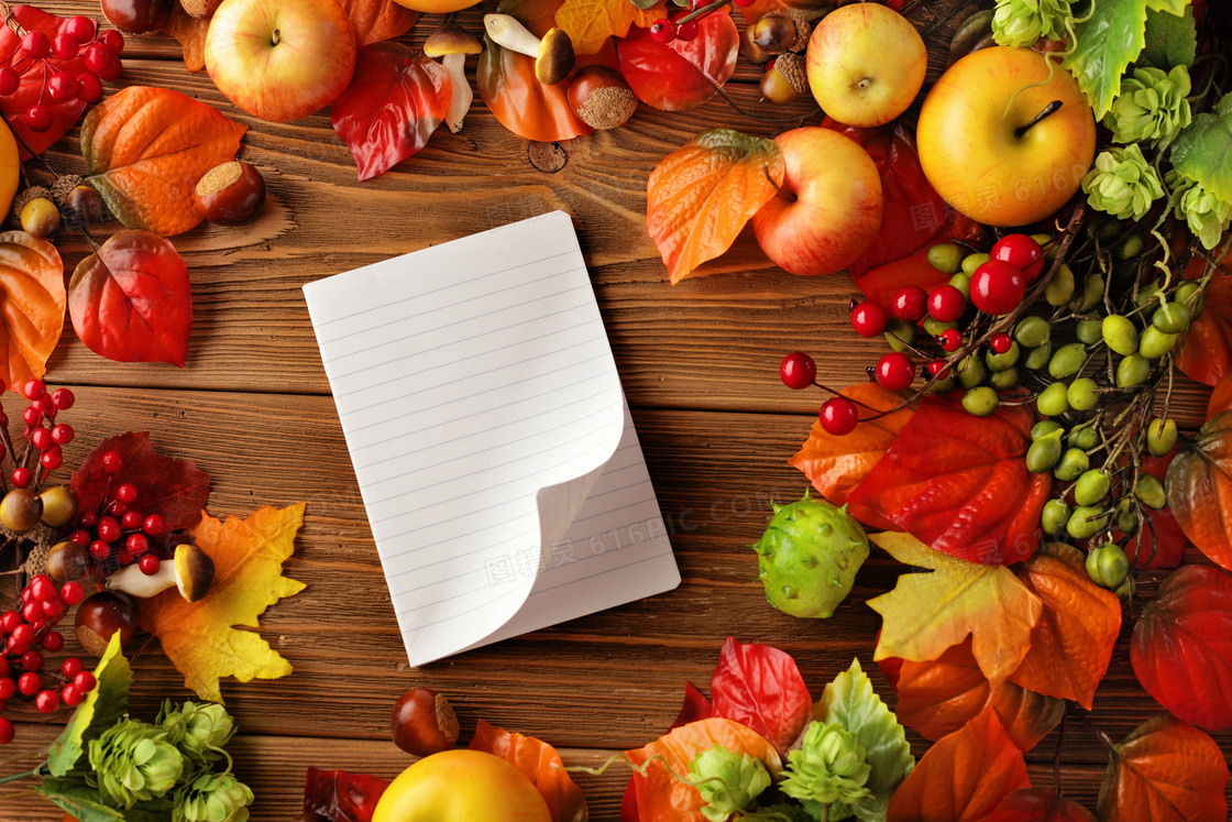桌面上的纸张苹果与树叶等高清图片