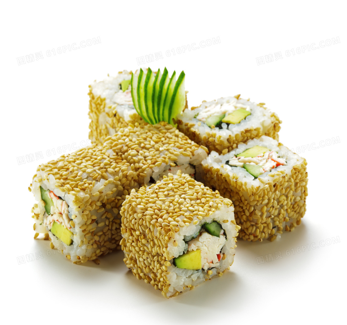 沾满芝麻粒儿的寿司摄影高清图片