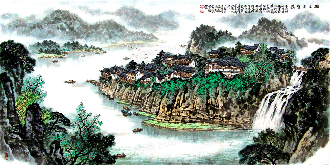 湘西芙蓉镇水墨画设计图片素材