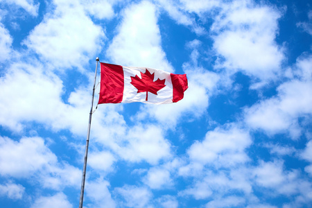 蓝天下飘扬加拿大国旗图片