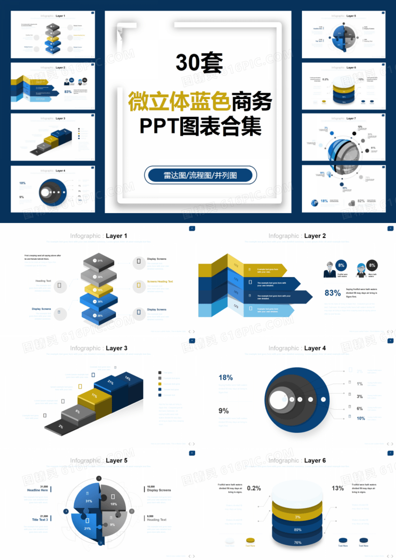 微立体蓝色商务PPT图表合集