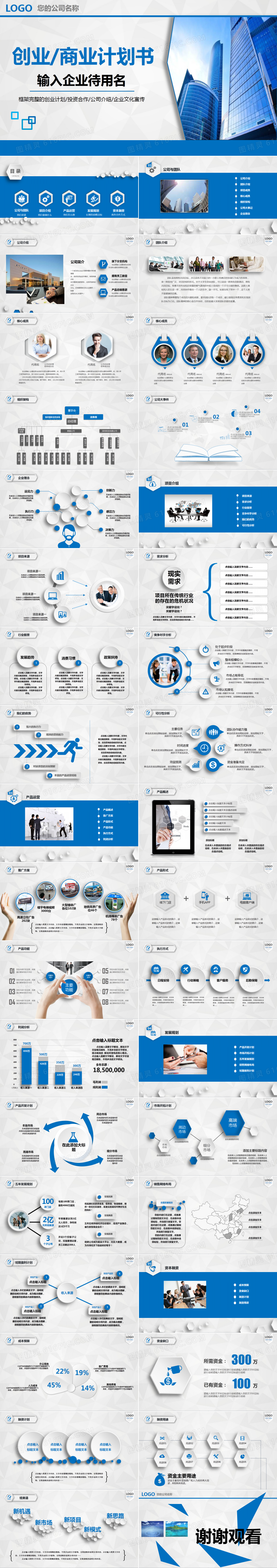 蓝色创业融资招商商业计划书PPT模板