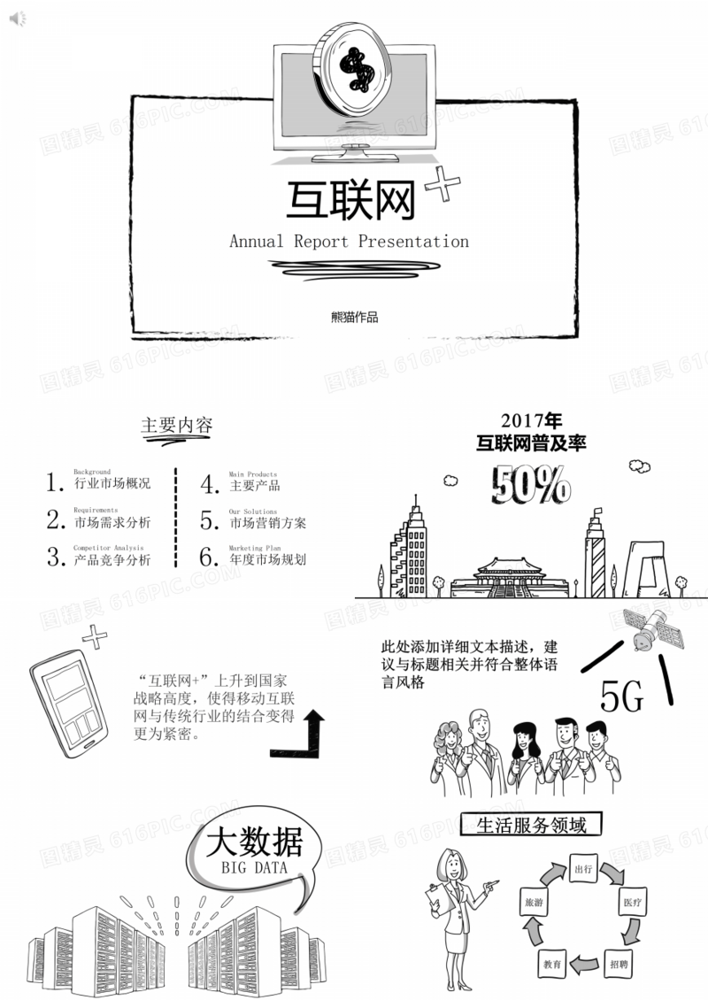 黑白手绘风互联网年终总结动态PPT模板