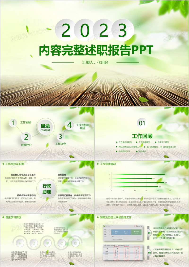 2023绿色清新述职报告PPT模板下载