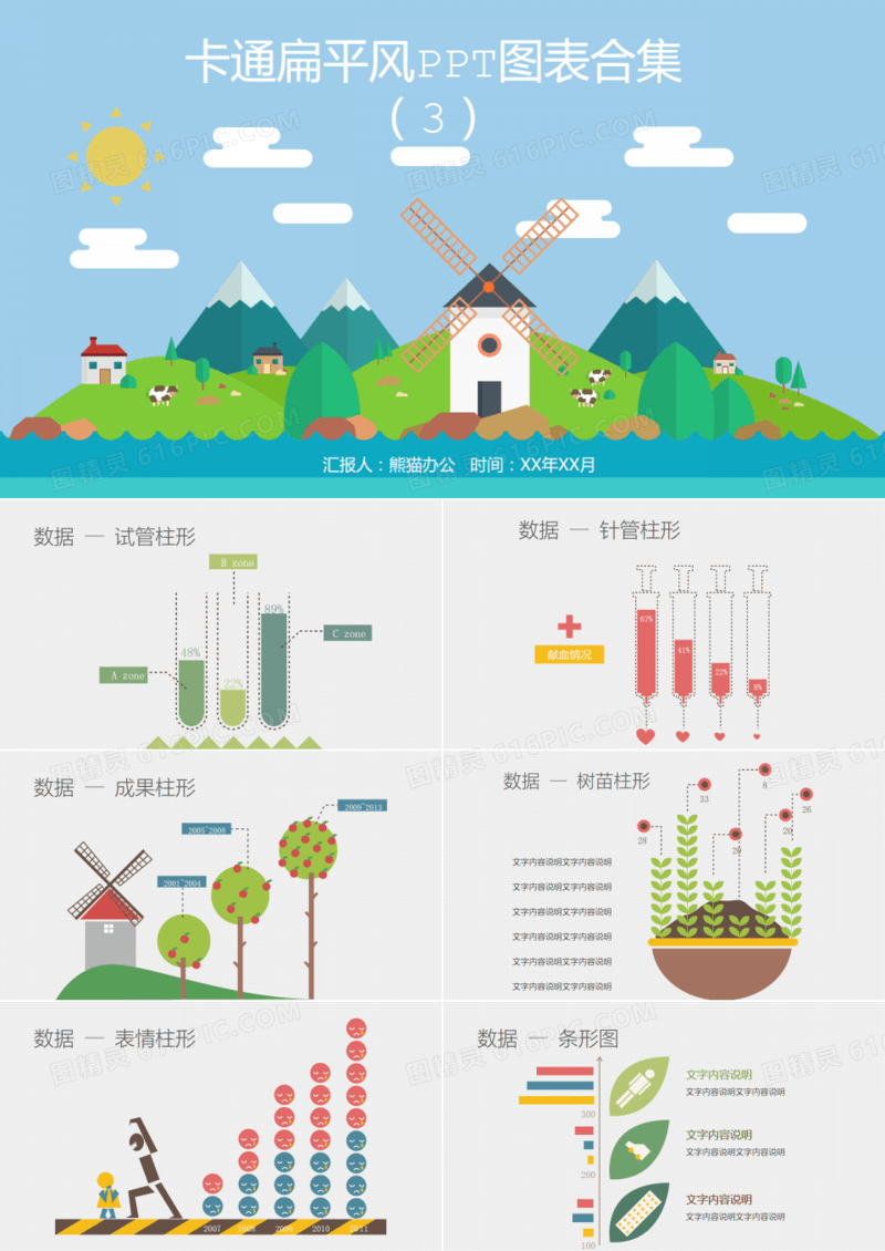 卡通扁平风PPT图表合集3