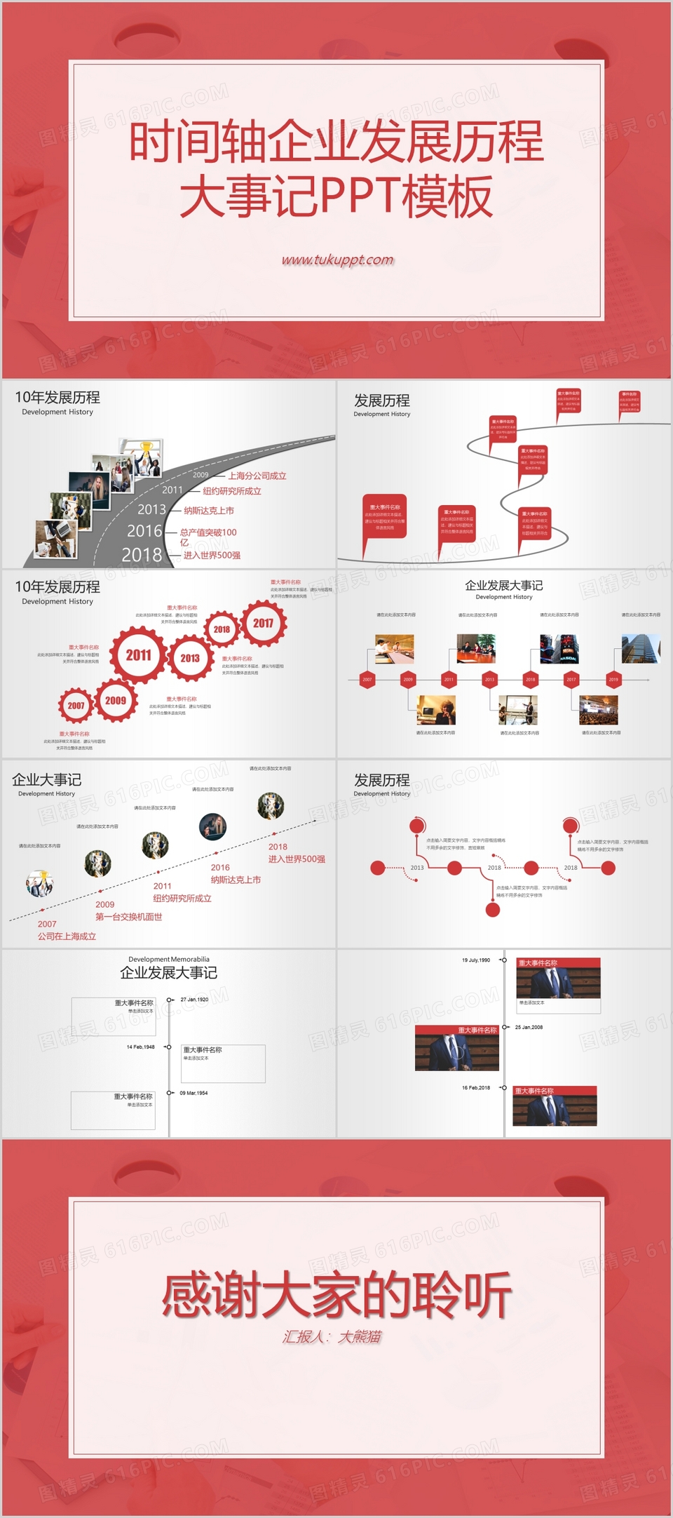 红色简约商业企业时间轴企业发展历史历程大事记演示PPT模板