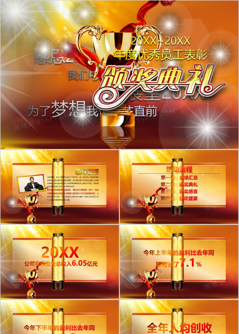 金色时尚炫酷年会带音乐颁奖典礼卷轴动态ppt模板