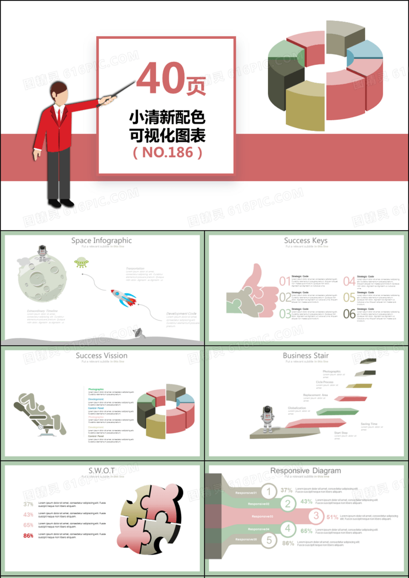 40页小清新配色可视化图表PPT模板