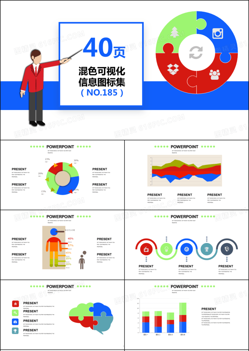 40页混色信息可视化图表集PPT模板