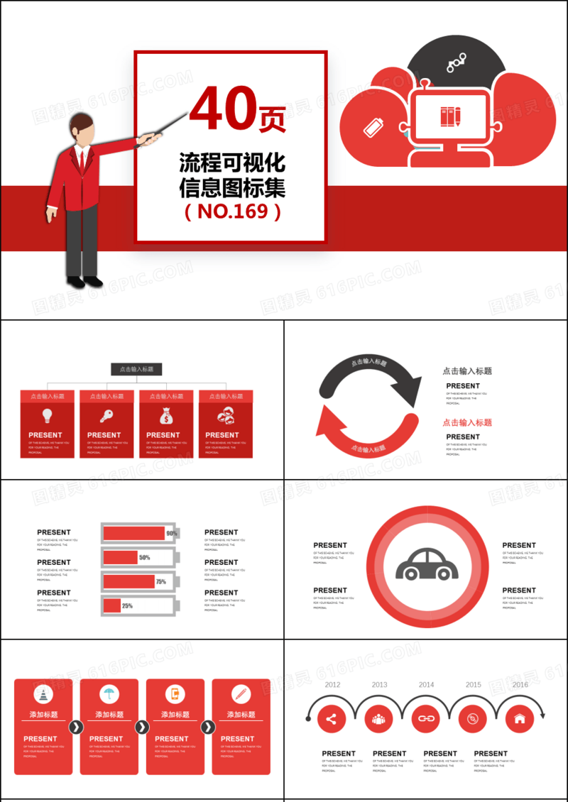 40页红色流程信息可视化图表集PPT模板