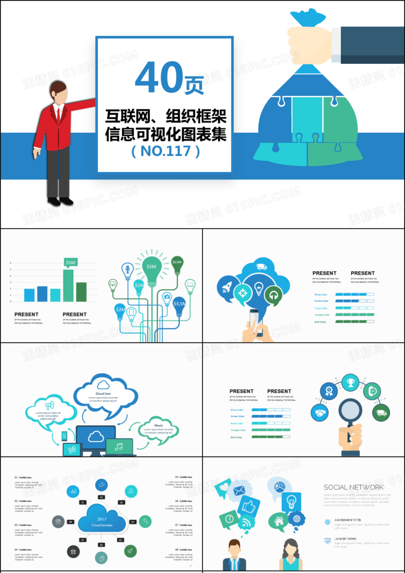 40页互联网组织框架信息可视化PPT图表