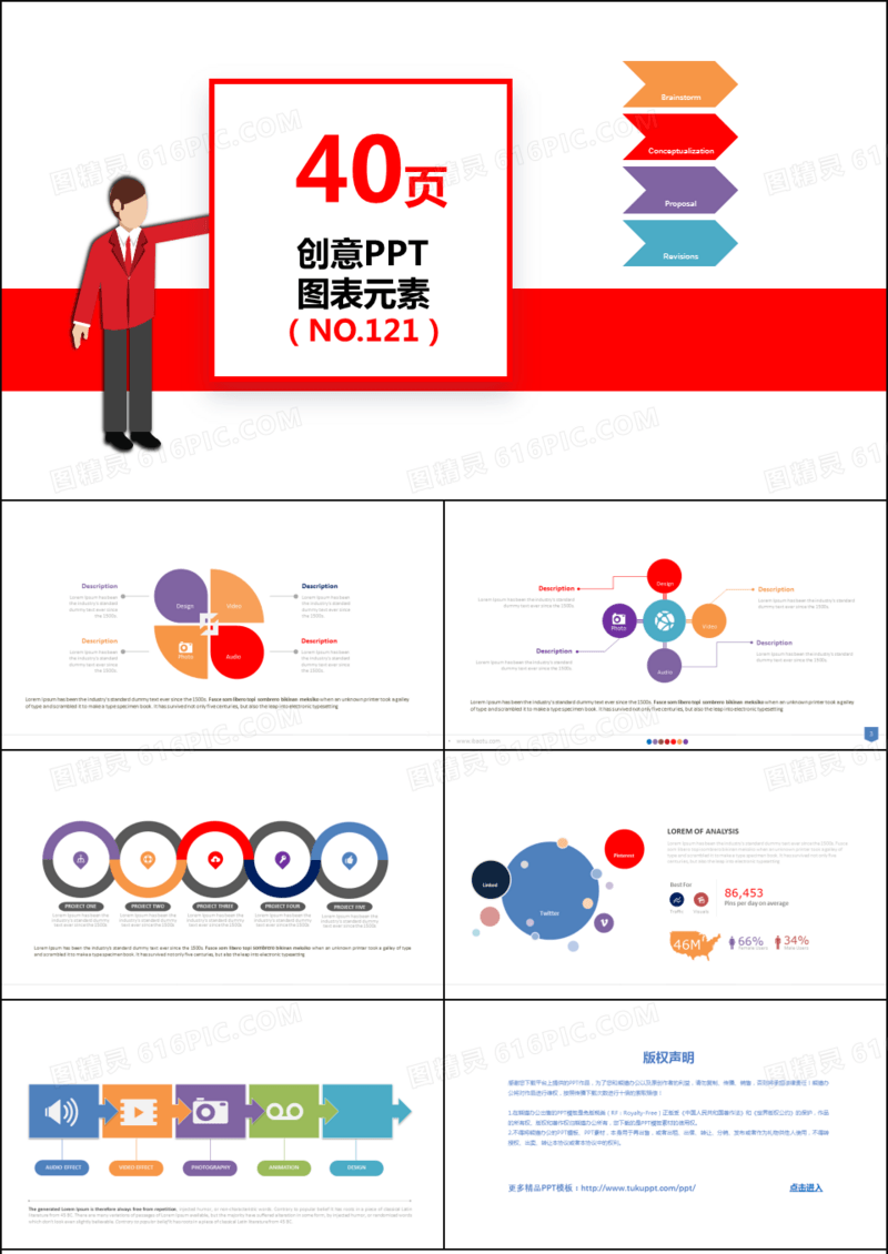 40页创意撞色PPT图表元素模板