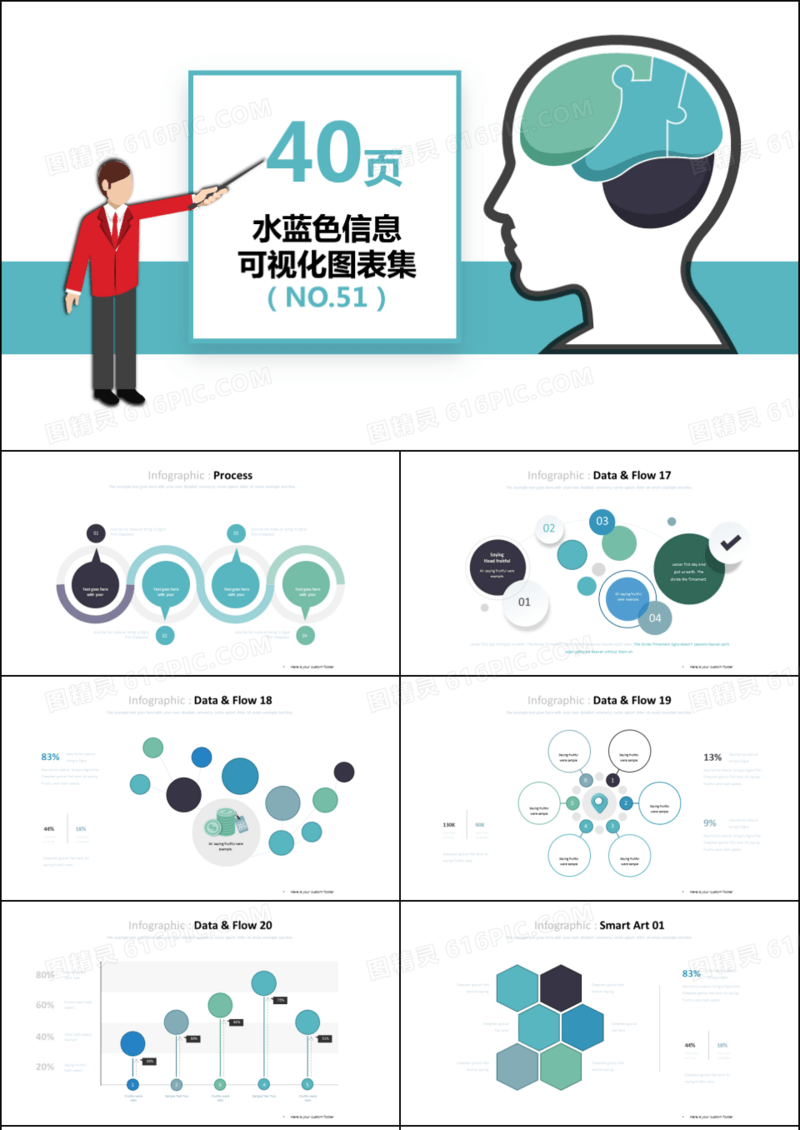 40套水蓝色信息可视化PPT图表