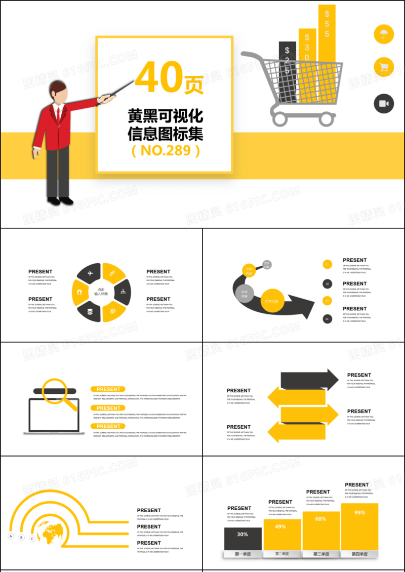 40页黄黑可视化图表集PPT模板