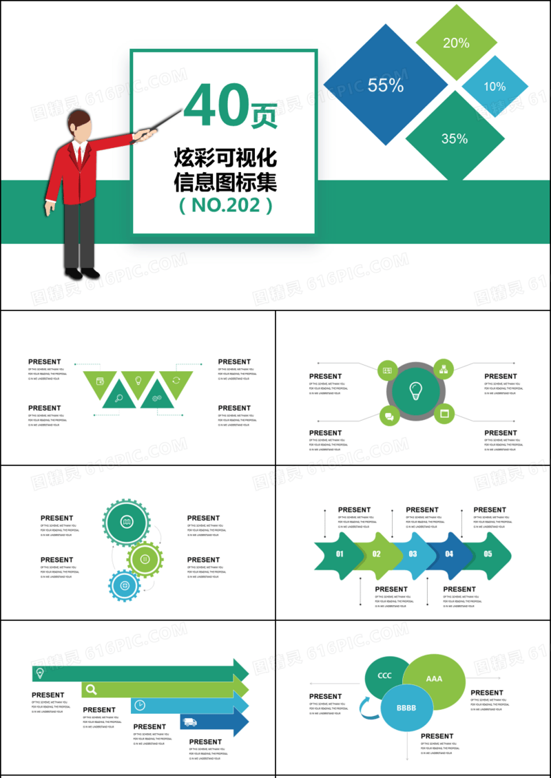 40页炫彩信息可视化图表集PPT模板