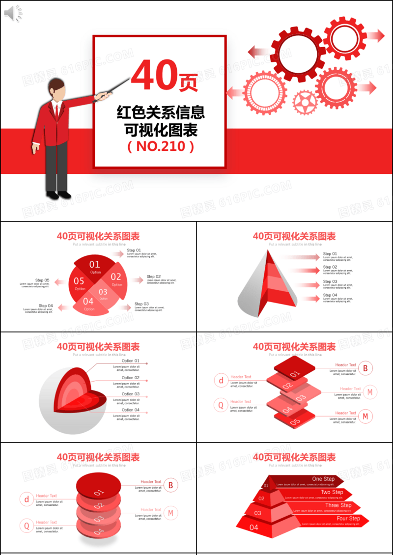 40页红色大气关系信息可视化ppt图表