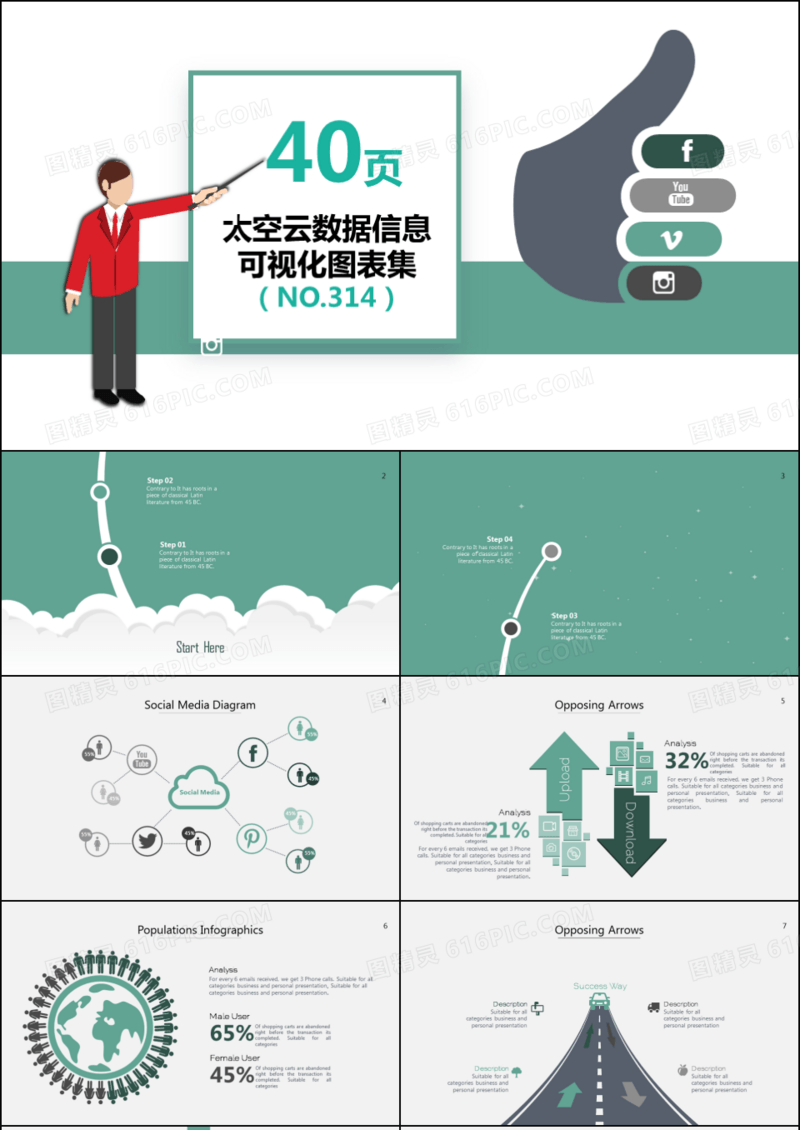 40页太空云数据信息可视化PPT图表
