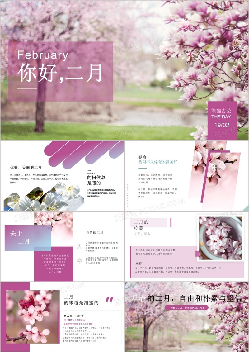 2019粉色清新杂志风你好2月PPT模板