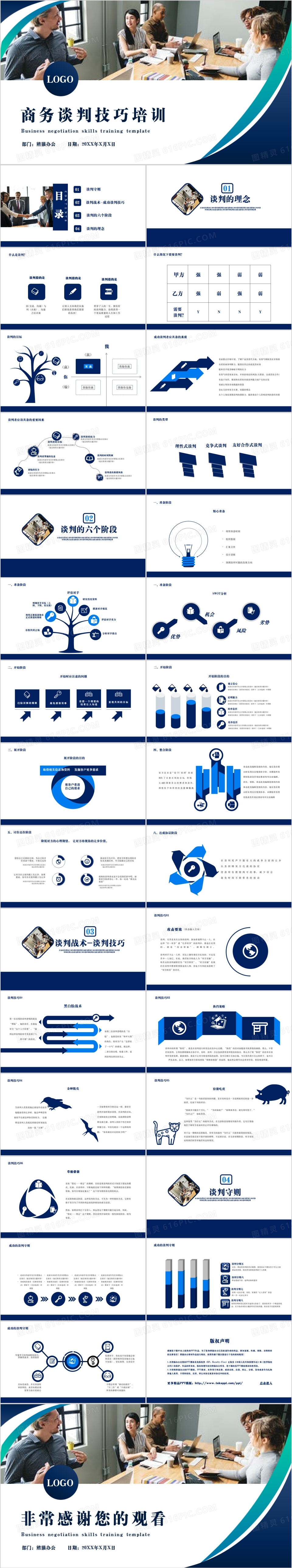 深蓝白色商务谈判技巧培训通用PPT模版