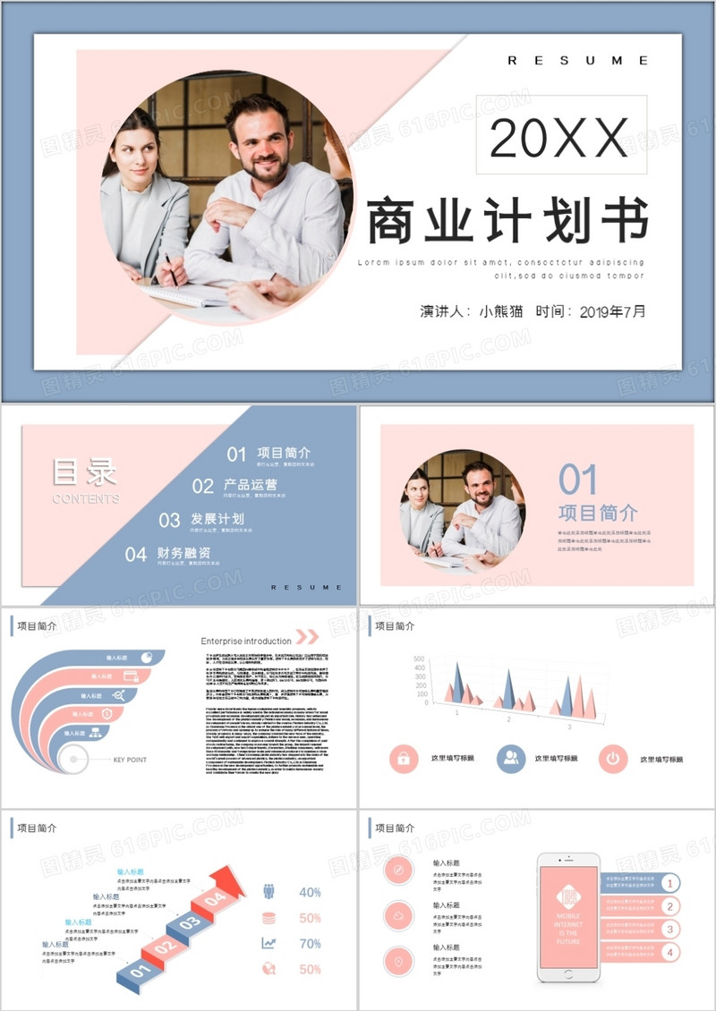 粉蓝色商务商业计划书PPT模板
