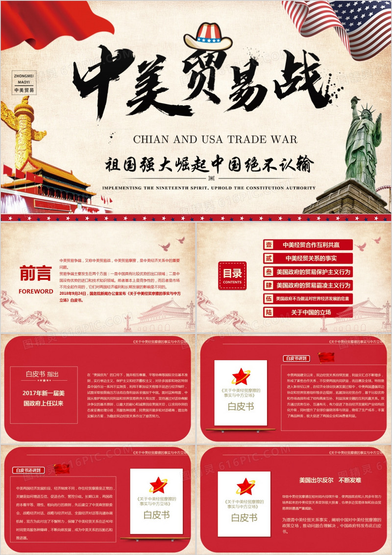 中美贸易战创意风格PPT模板