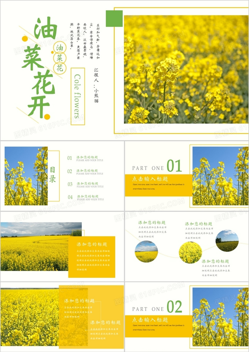 创意简约小清新油菜花开旅行相册通用PPT模板