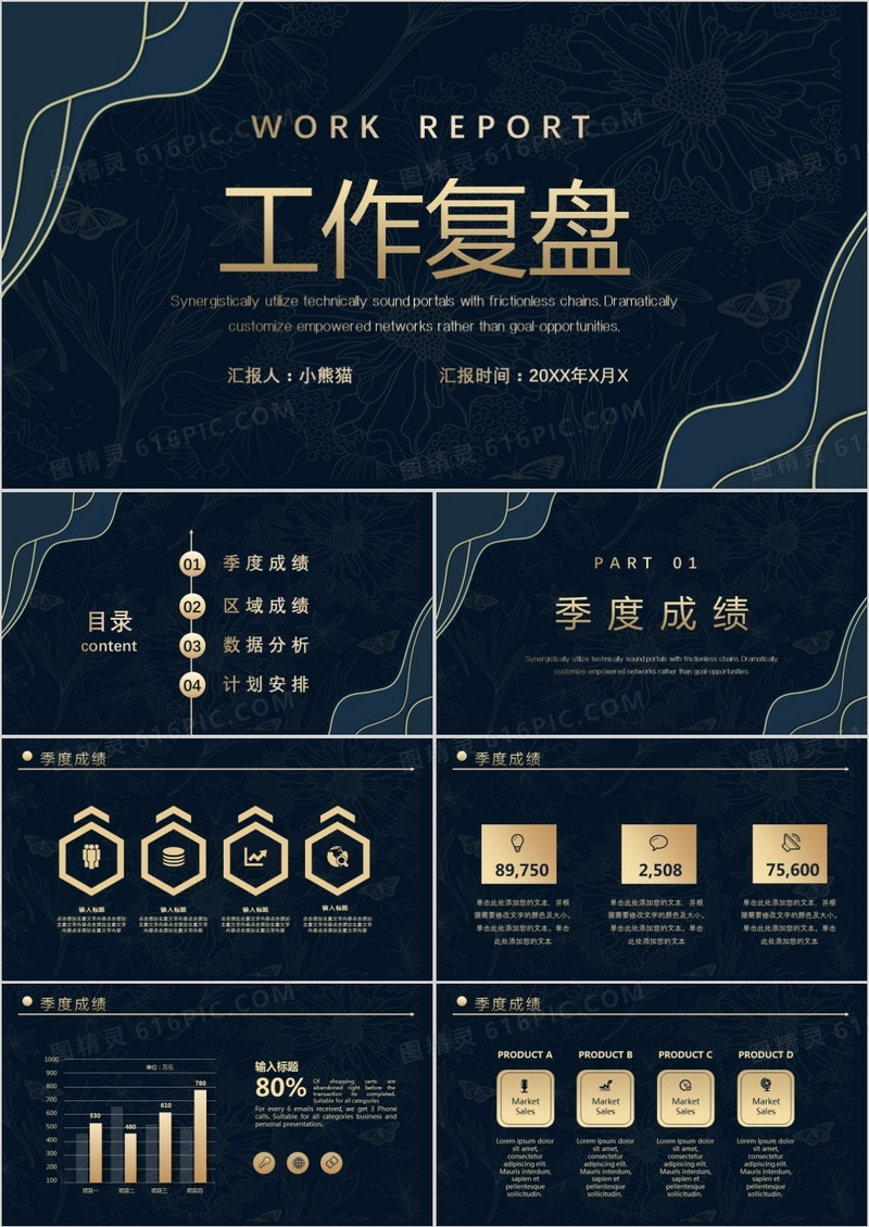 2020商务复古简约大气黑金工作复盘PPT模板