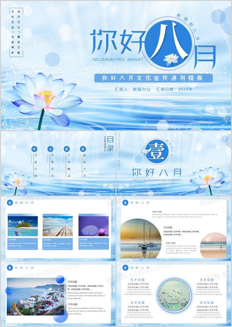 蓝色小清新风你好八月工作计划通用PPT模板