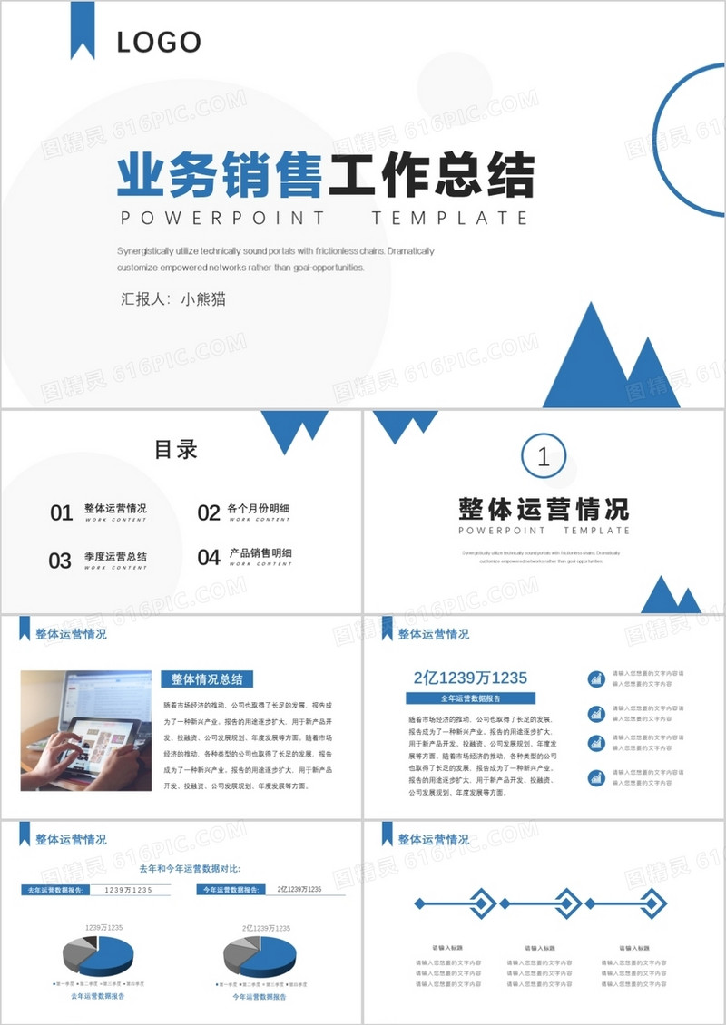 蓝色简约商务销售业务总结汇报PPT模板
