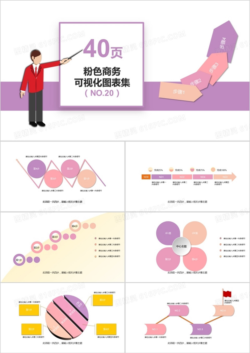 40页粉色商务可视化图表集PPT模板