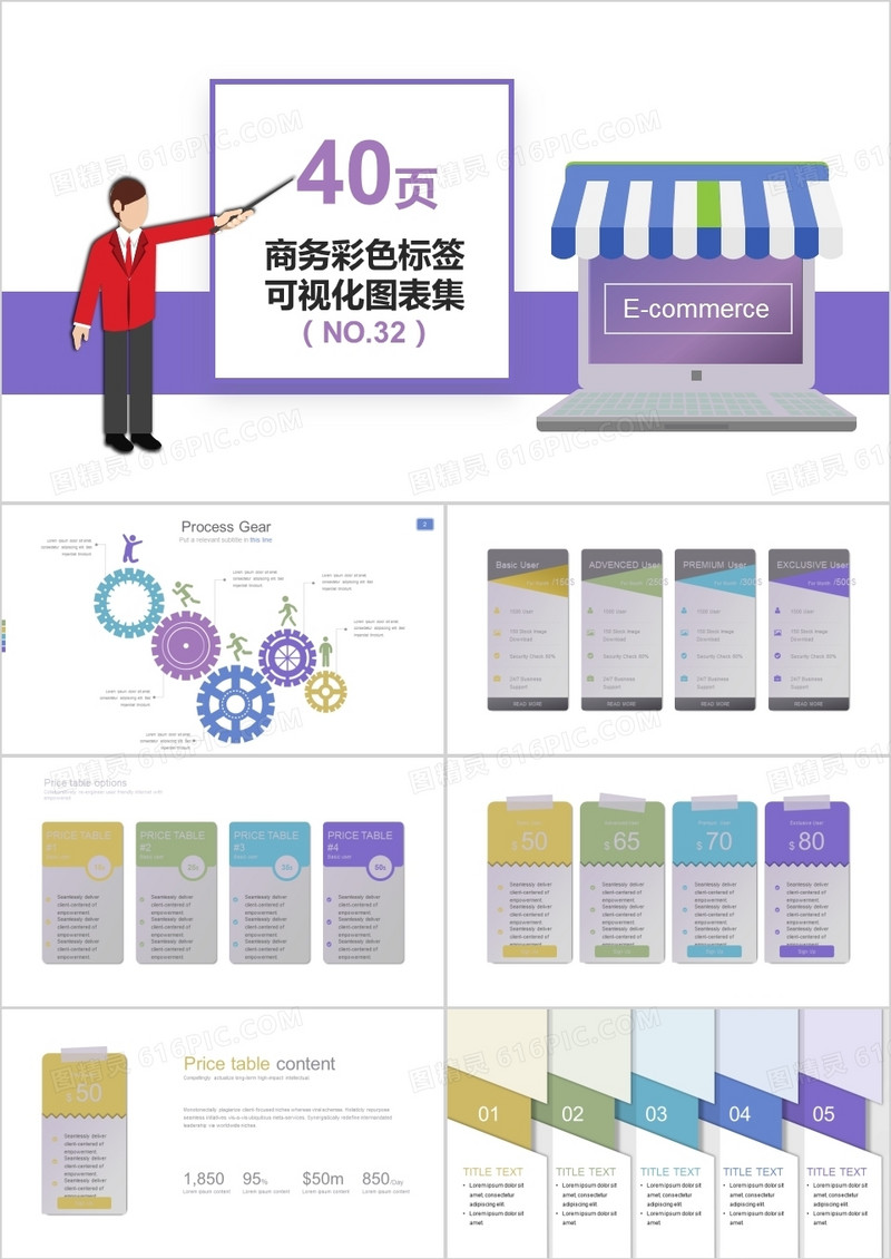 40页商务彩色标签可视化图表集PPT模板
