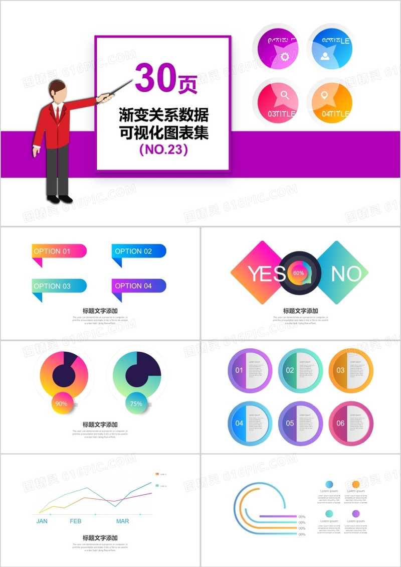 30页渐变关系数据可视化图表集PPT模板